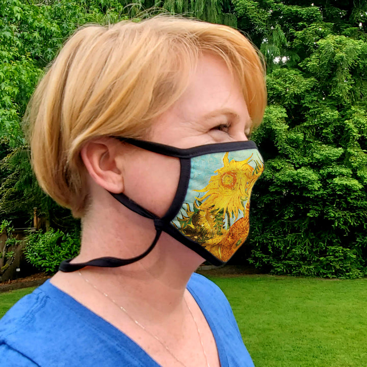 Buttonsmith Van Gogh Sunflowers Adult XL Adjustable Face Mask with Filter Pocket - Made in the USA - Buttonsmith Inc.