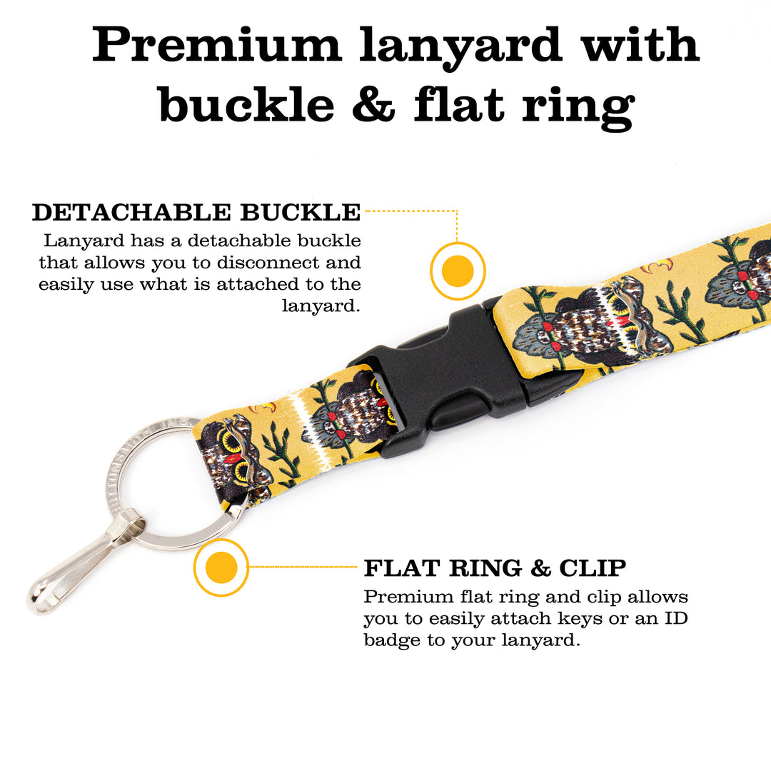 Buttonsmith Owl Premium Lanyard - with Buckle and Flat Ring - Based on Rebecca McGovern Art - Officially Licensed - Made in the USA - Buttonsmith Inc.