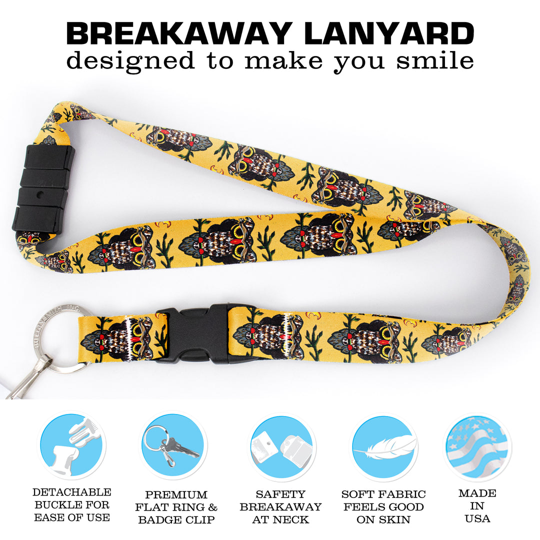 Buttonsmith Owl Breakaway Lanyard - with Buckle and Flat Ring - Based on Rebecca McGovern Art - Officially Licensed - Made in the USA - Buttonsmith Inc.