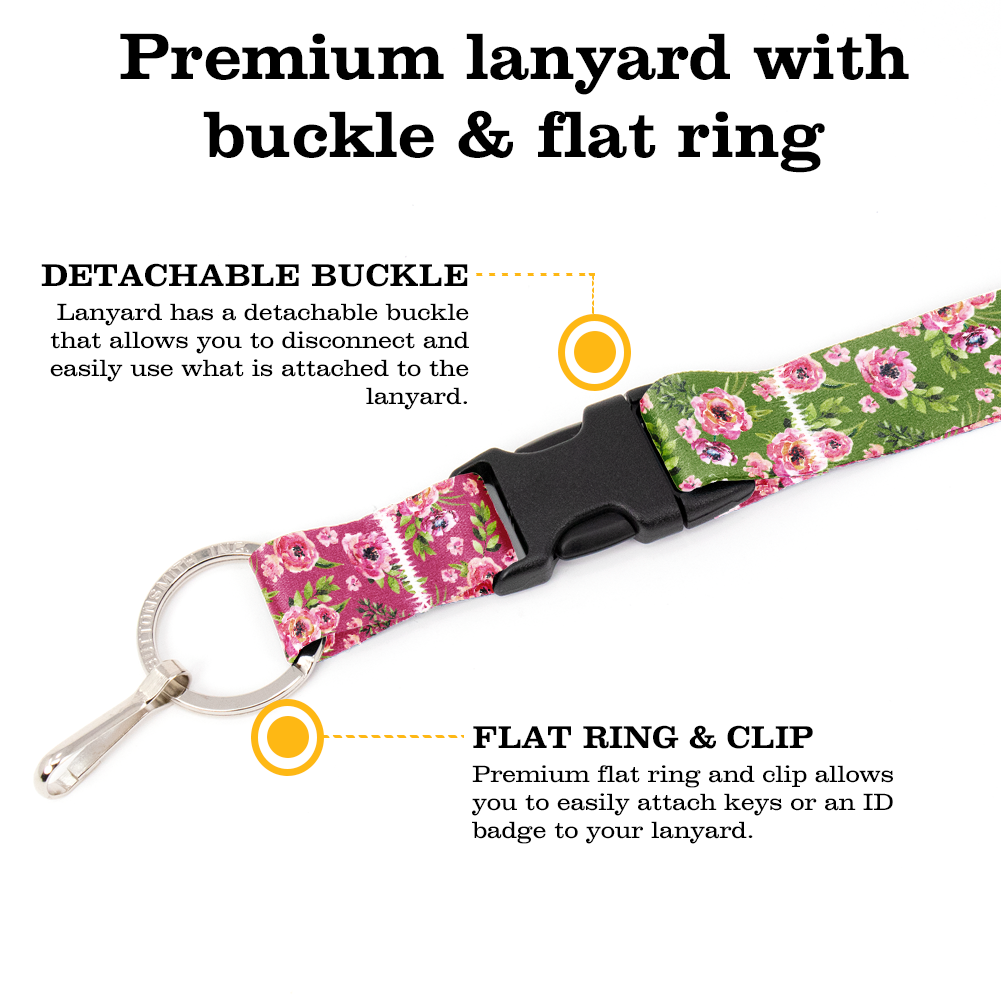 Peonies Green Breakaway Lanyard - with Buckle and Flat Ring - Made in the USA