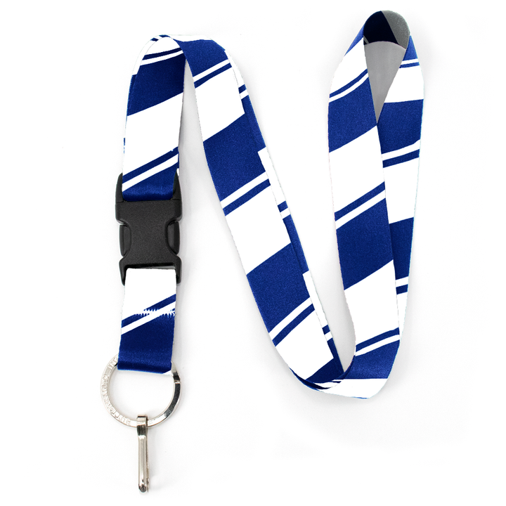 Blue White Stripes Premium Lanyard - with Buckle and Flat Ring - Made in the USA