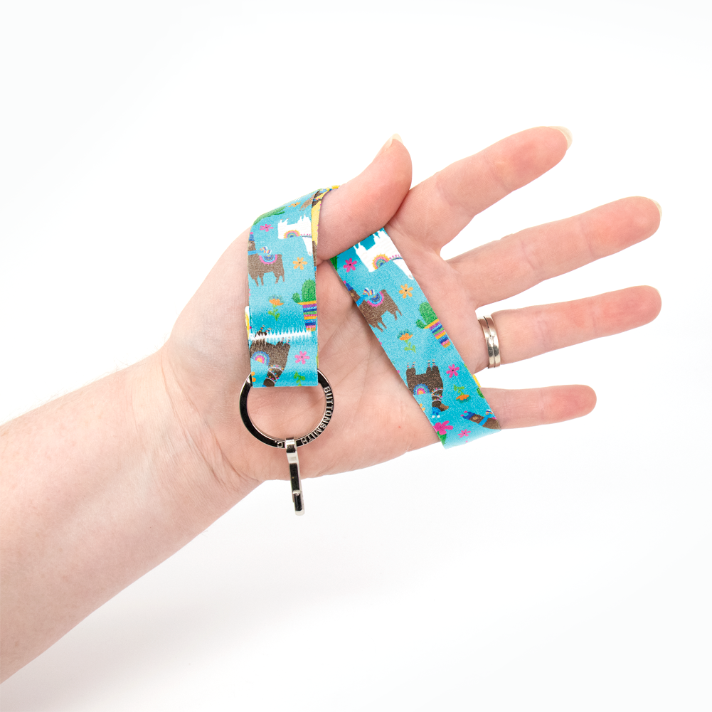 Llama Rama Blue Wristlet Lanyard - Short Length with Flat Key Ring and Clip - Made in the USA