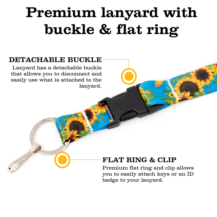 Disability Sunflowers Breakaway Lanyard - with Buckle and Flat Ring - Made in the USA