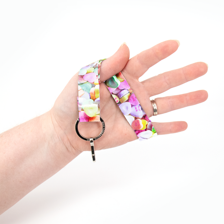 Conversation Hearts Wristlet Lanyard - Short Length with Flat Key Ring and Clip - Made in the USA