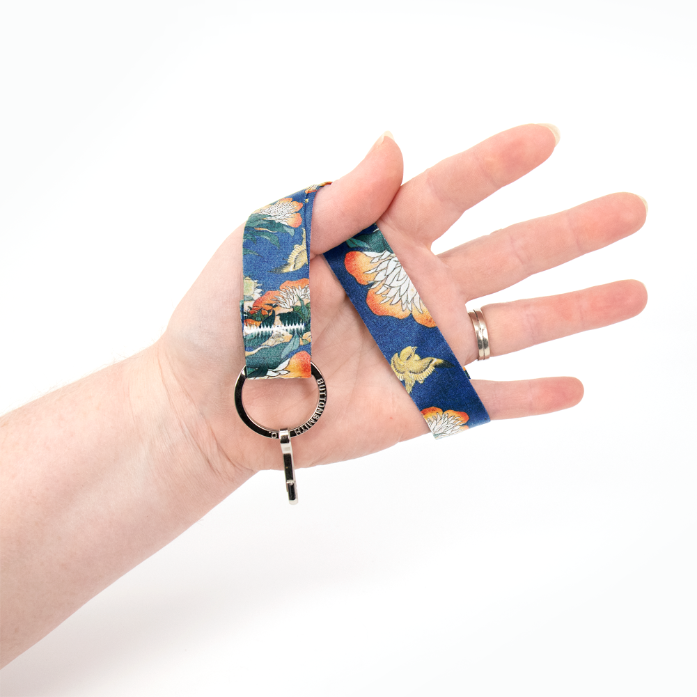 Hokusai Canary And Peony Wristlet Lanyard - Short Length with Flat Key Ring and Clip - Made in the USA