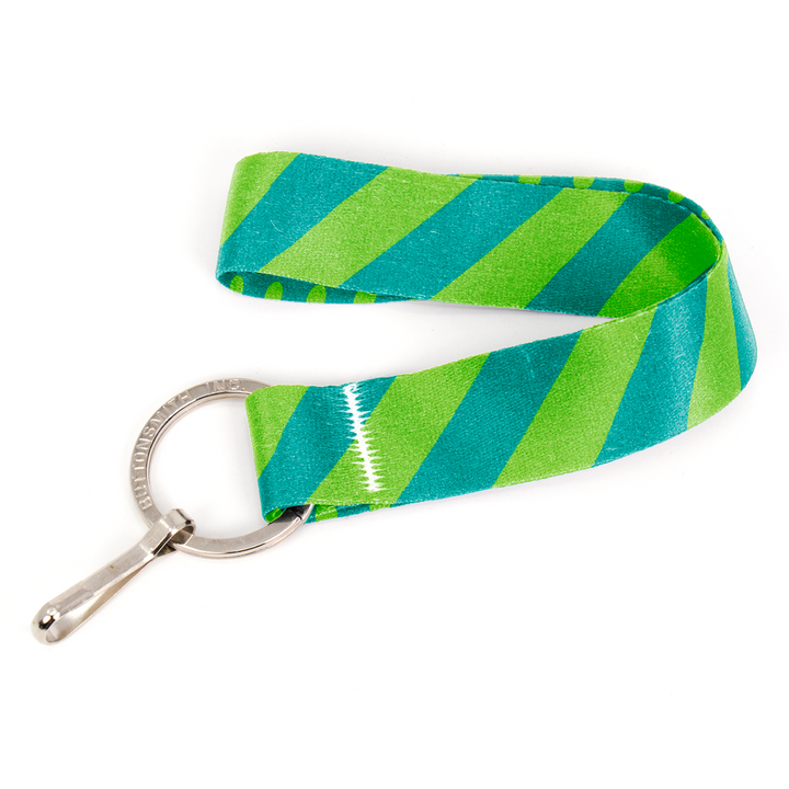 Aqua Stripes Wristlet Lanyard - Short Length with Flat Key Ring and Clip - Made in the USA