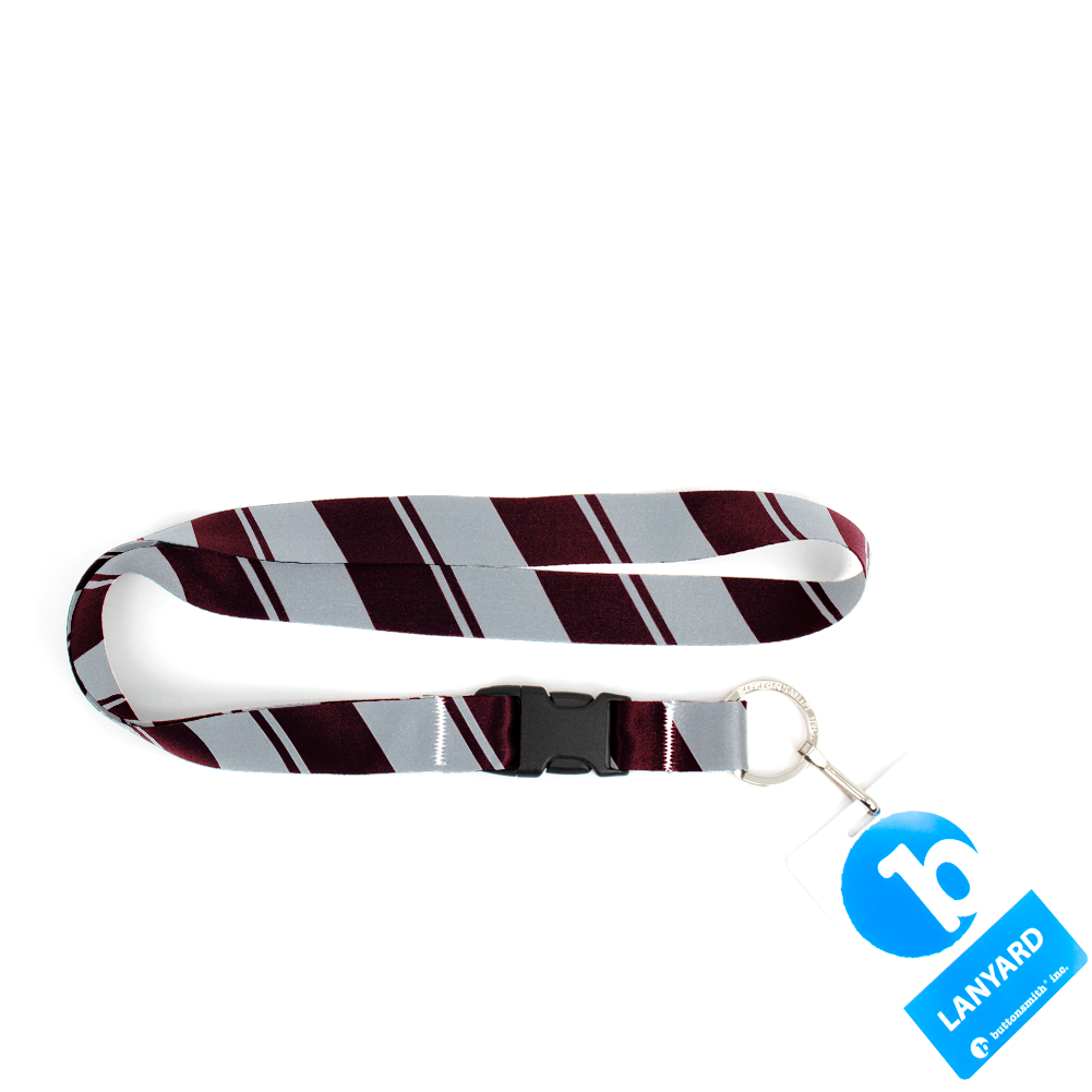 Maroon Grey Stripes Premium Lanyard - with Buckle and Flat Ring - Made in the USA