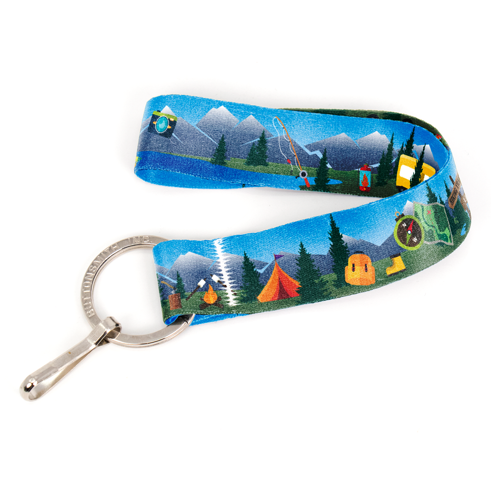 Happy Camper Wristlet Lanyard - Short Length with Flat Key Ring and Clip - Made in the USA