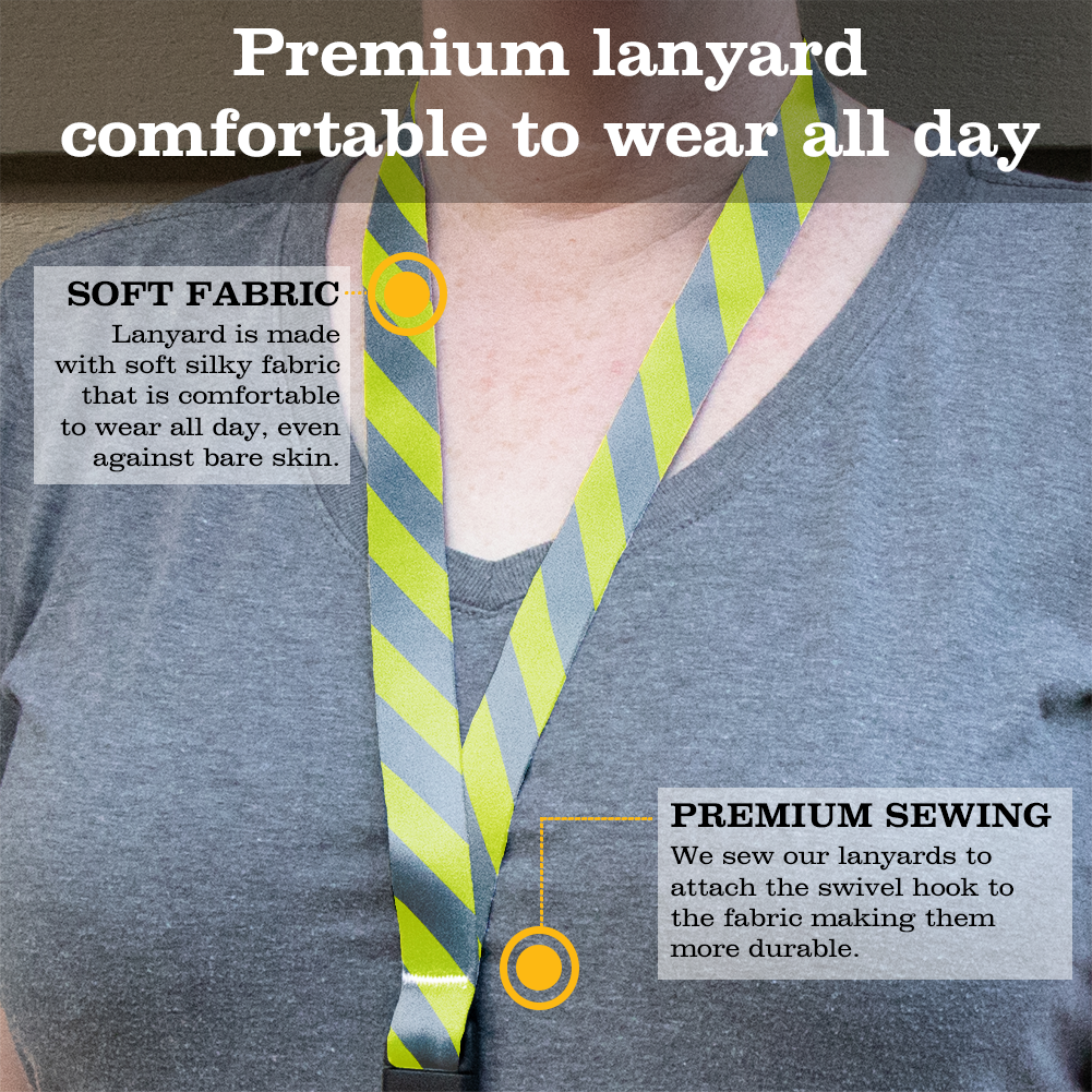 Pewter Lime Stripes Premium Lanyard - with Buckle and Flat Ring - Made in the USA