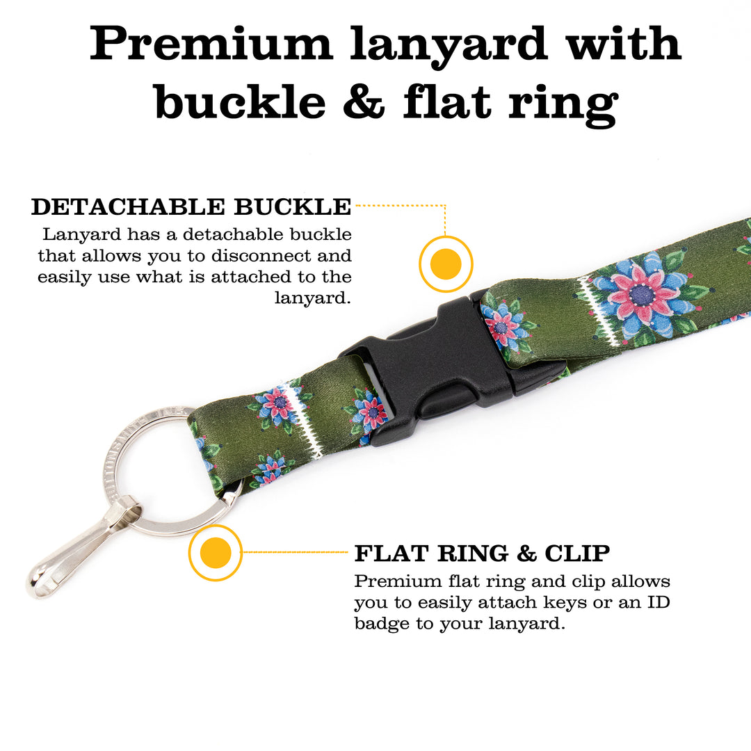 Buttonsmith Pink Rosemaling Premium Lanyard - with Buckle and Flat Ring - Based on Rebecca McGovern Art - Officially Licensed - Made in the USA - Buttonsmith Inc.