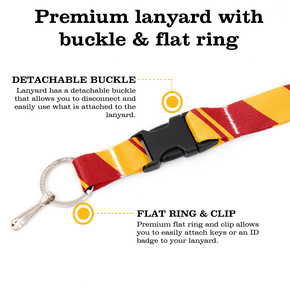 Red Gold Stripes Premium Lanyard - with Buckle and Flat Ring - Made in the USA