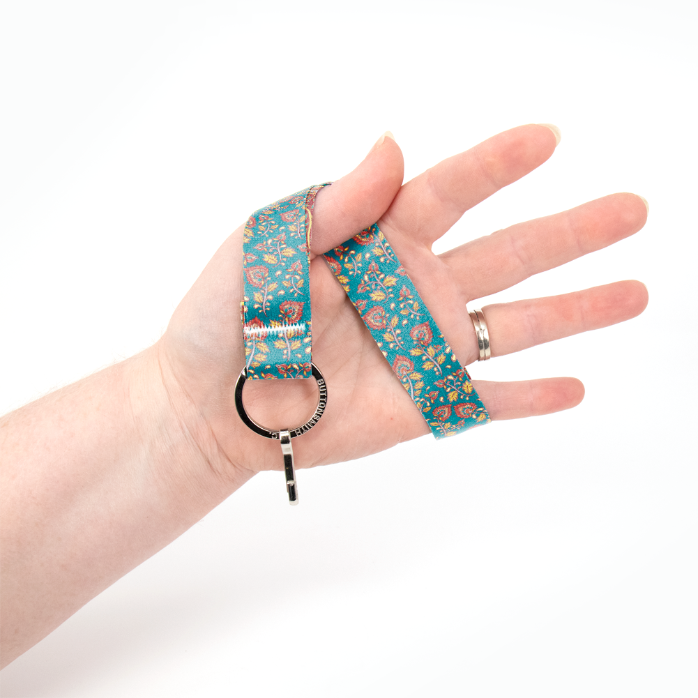 Kalimkari Aqua Wristlet Lanyard - Short Length with Flat Key Ring and Clip - Made in the USA