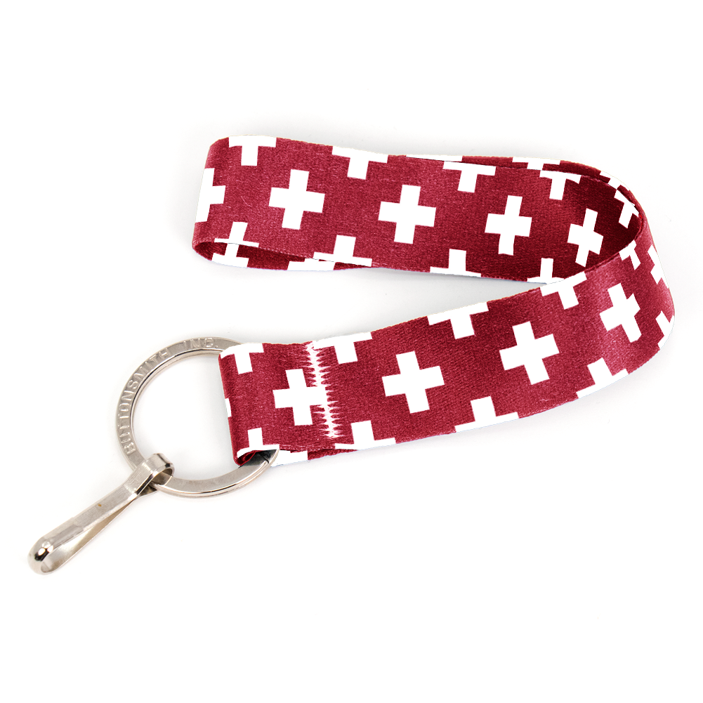 Swiss Flag Wristlet Lanyard - Short Length with Flat Key Ring and Clip - Made in the USA