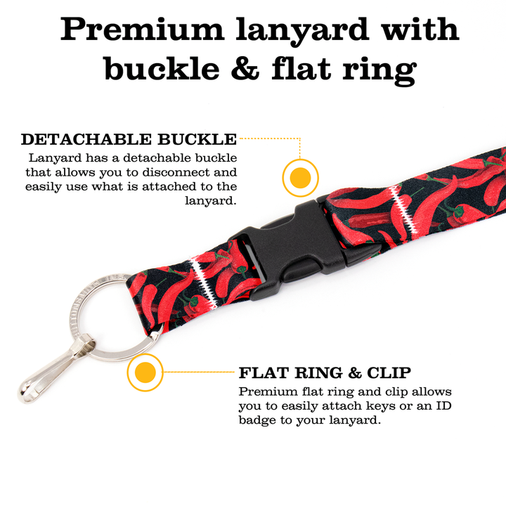 Chili Peppers Black Breakaway Lanyard - with Buckle and Flat Ring - Made in the USA