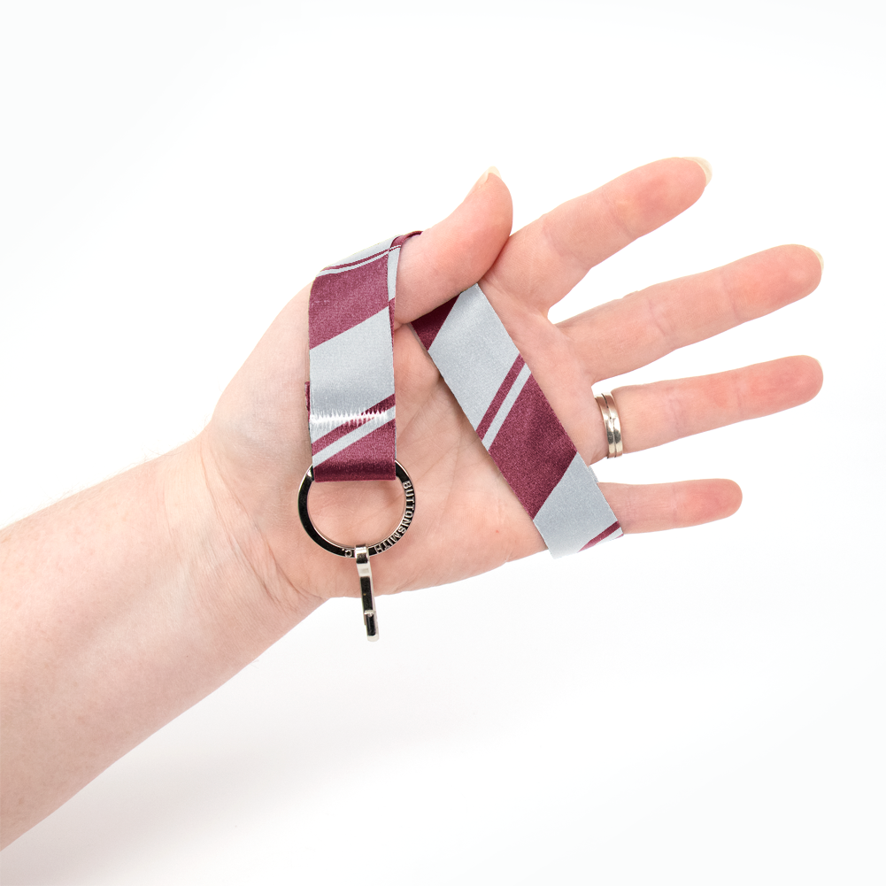 Maroon Grey Stripes Wristlet Lanyard - Short Length with Flat Key Ring and Clip - Made in the USA