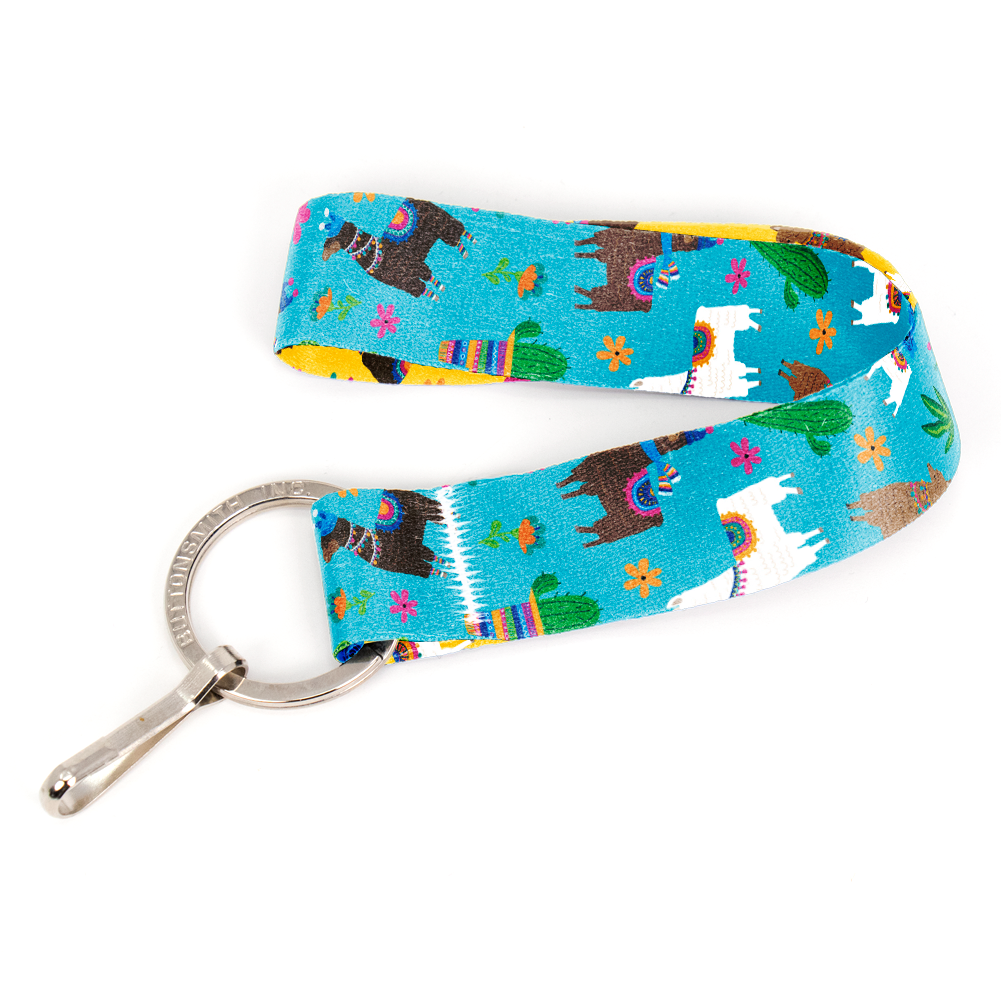 Llama Rama Blue Wristlet Lanyard - Short Length with Flat Key Ring and Clip - Made in the USA