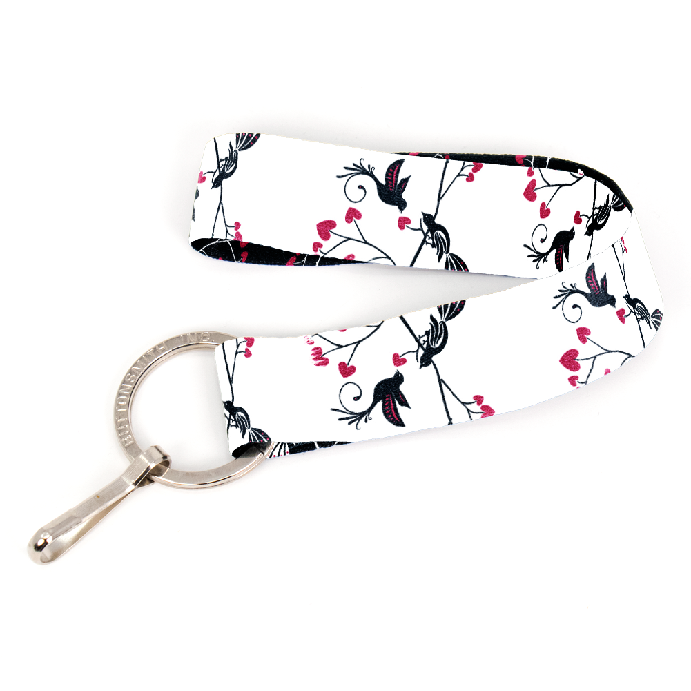 Love Birds Black & White Wristlet Lanyard - Short Length with Flat Key Ring and Clip - Made in the USA