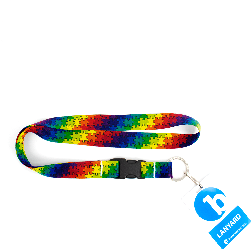 Rainbow Puzzle Premium Lanyard - with Buckle and Flat Ring - Made in the USA