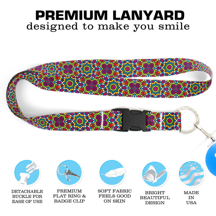 Buttonsmith Multicolored Flowers Premium Lanyard - with Buckle and Flat Ring - Made in the USA - Buttonsmith Inc.