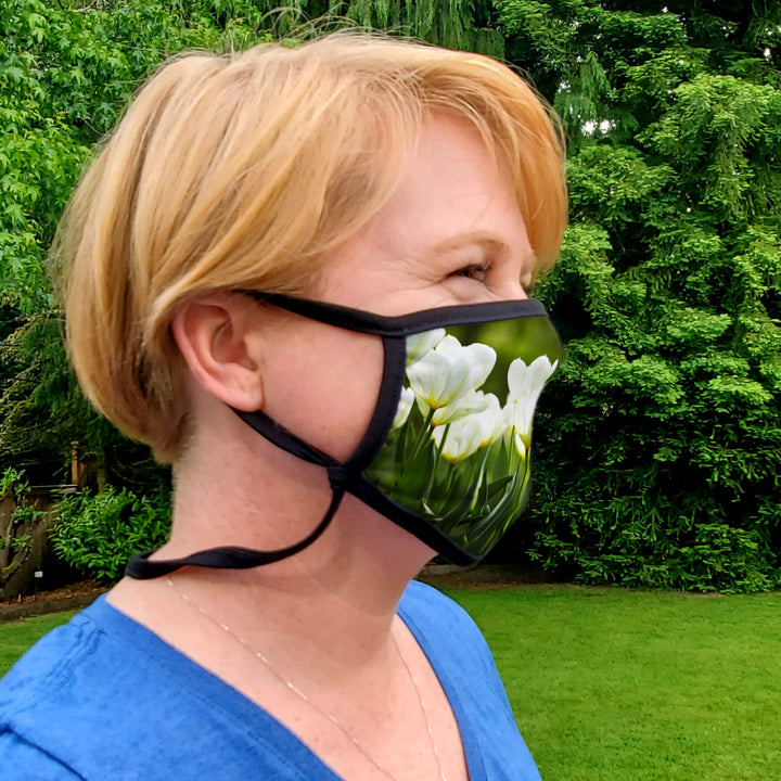 Buttonsmith White Tulips Adult Adjustable Face Mask with Filter Pocket - Made in the USA - Buttonsmith Inc.