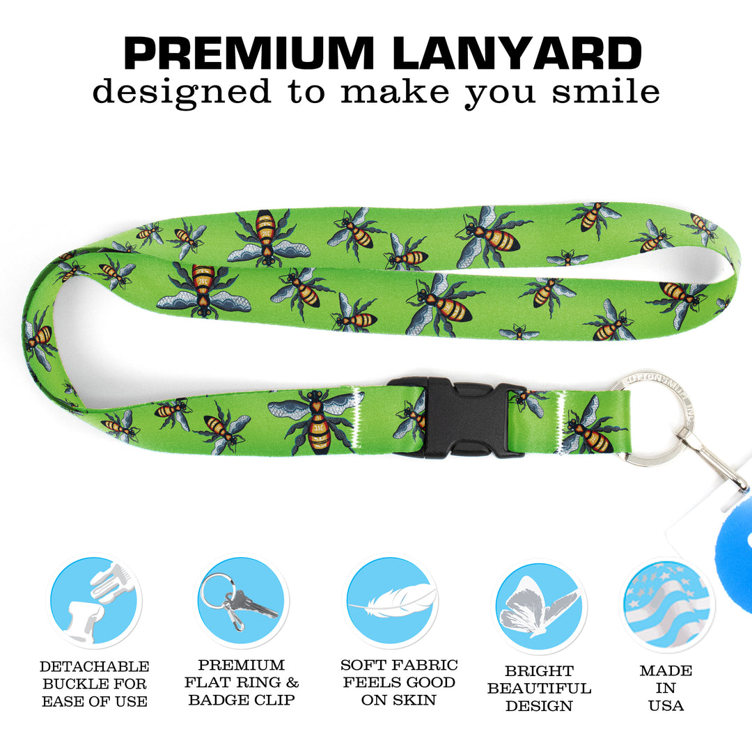 Buttonsmith Bees Premium Lanyard - with Buckle and Flat Ring - Based on Rebecca McGovern Art - Officially Licensed - Made in the USA - Buttonsmith Inc.