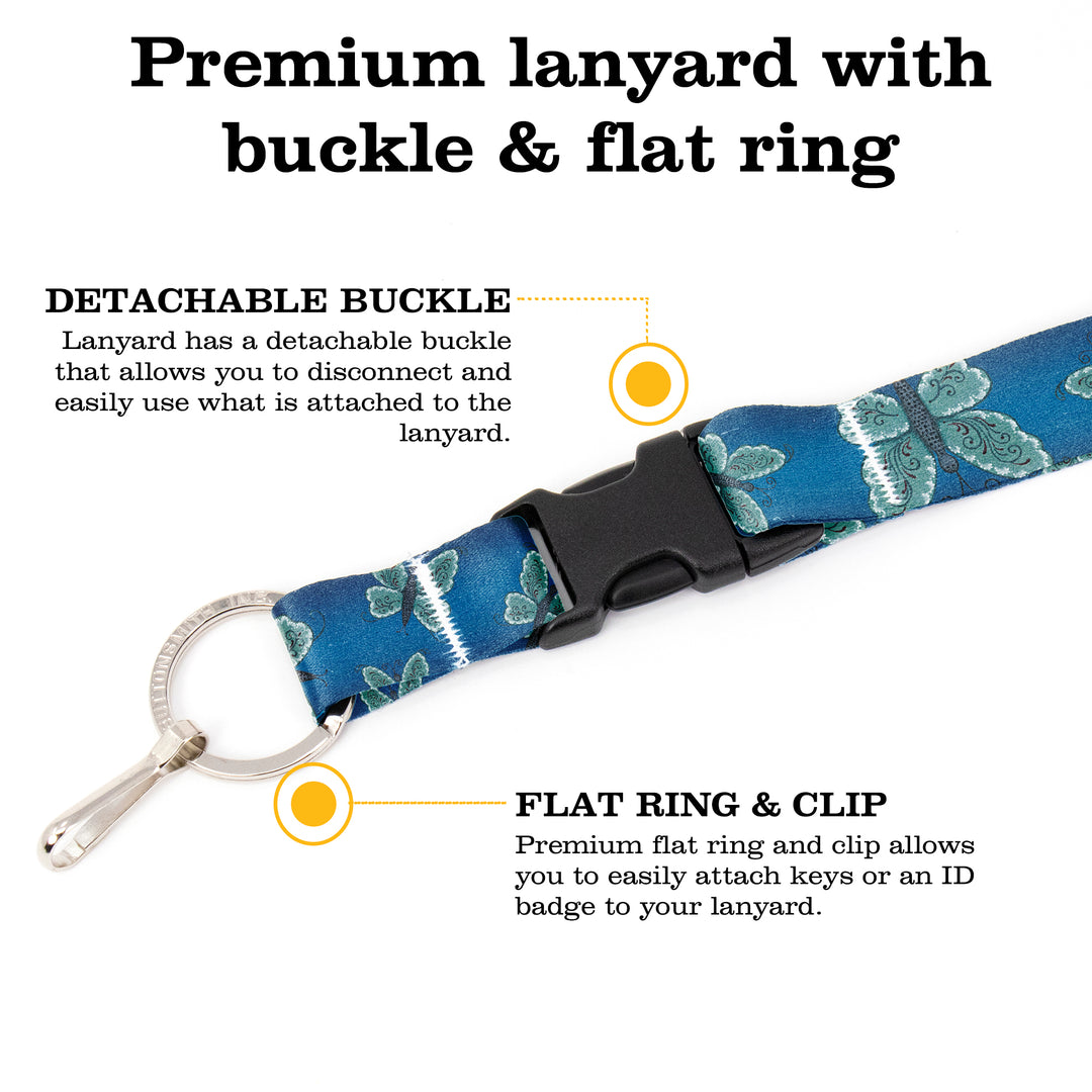 Buttonsmith Blue Butterflies Breakaway Lanyard - with Buckle and Flat Ring - Based on Rebecca McGovern Art - Officially Licensed - Made in the USA - Buttonsmith Inc.