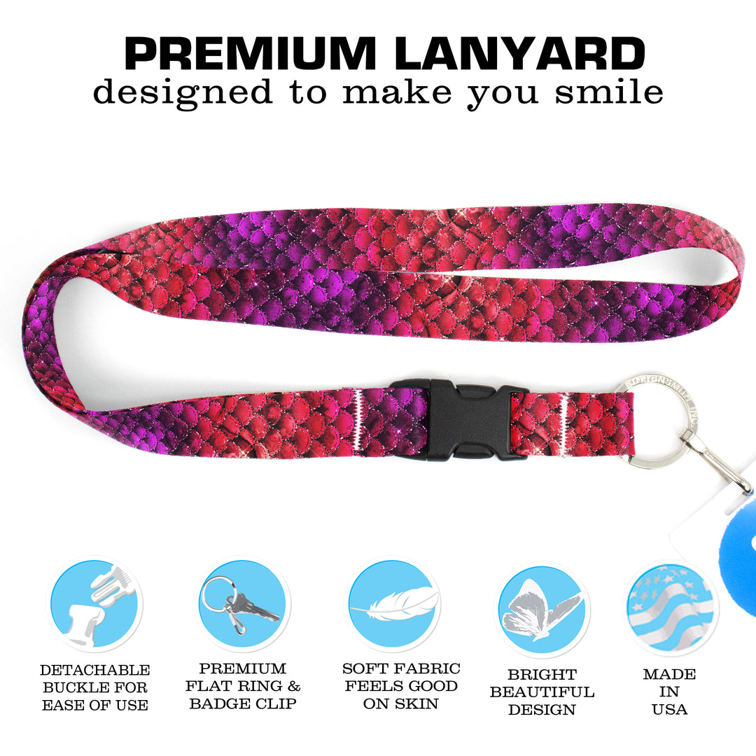 Buttonsmith Pink Mermaid Scales Premium Lanyard - with Buckle and Flat Ring - Made in the USA - Buttonsmith Inc.