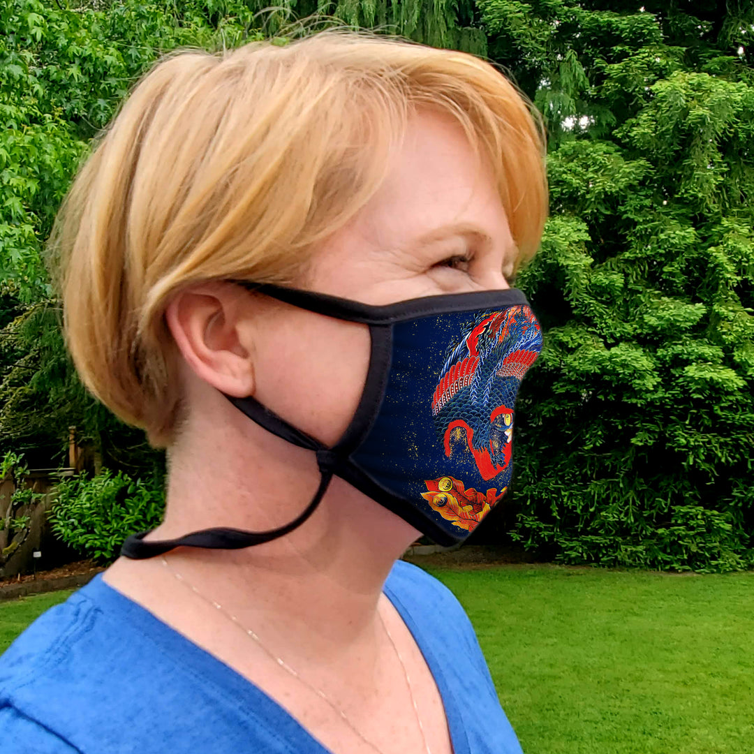 Buttonsmith Hokusai Phoenix Adult Adjustable Face Mask with Filter Pocket - Made in the USA - Buttonsmith Inc.