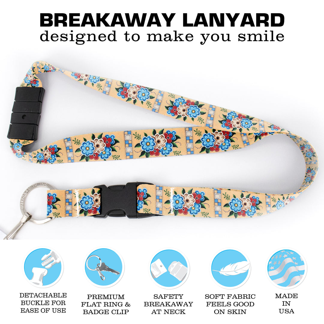 Buttonsmith Quilted Flowers Breakaway Lanyard - with Buckle and Flat Ring - Based on Rebecca McGovern Art - Officially Licensed - Made in the USA - Buttonsmith Inc.