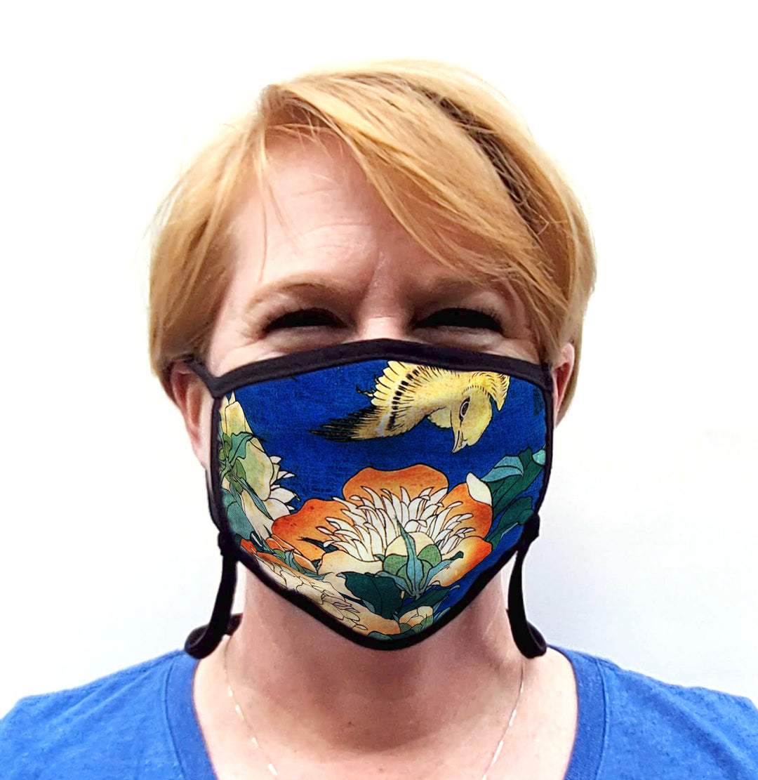 Buttonsmith Hokusai Canary & Peony Adult Adjustable Face Mask with Filter Pocket - Made in the USA - Buttonsmith Inc.