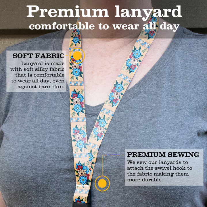 Buttonsmith Quilted Flowers Premium Lanyard - with Buckle and Flat Ring - Based on Rebecca McGovern Art - Officially Licensed - Made in the USA - Buttonsmith Inc.