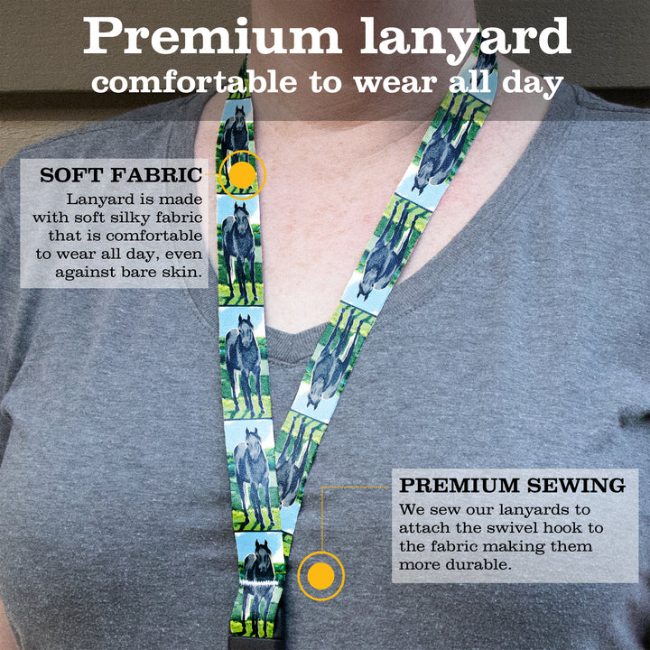 Buttonsmith Grey Horse Premium Lanyard - with Buckle and Flat Ring - Based on Rebecca McGovern Art - Officially Licensed - Made in the USA - Buttonsmith Inc.