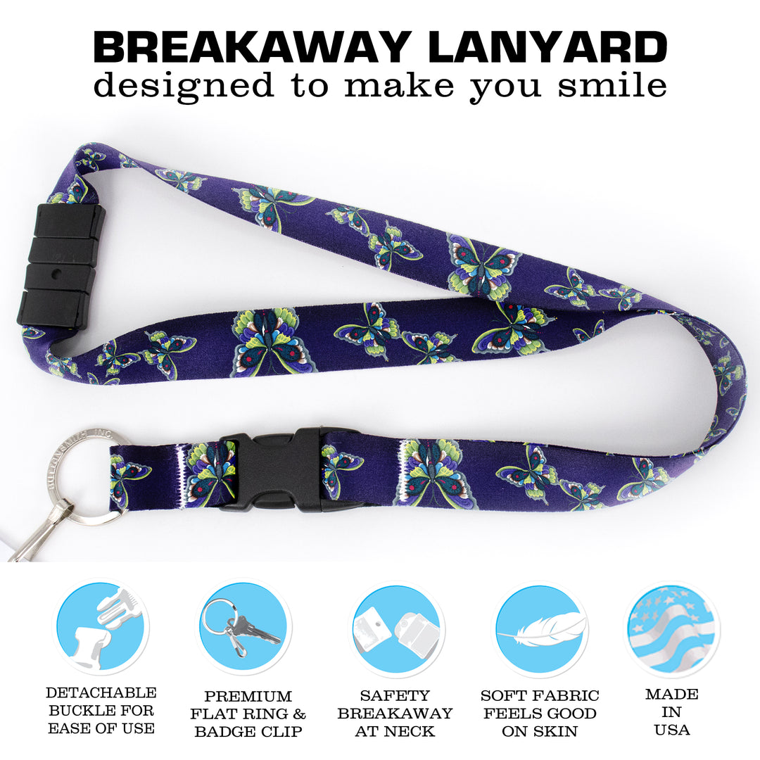 Buttonsmith Butterflies Breakaway Lanyard - with Buckle and Flat Ring - Based on Rebecca McGovern Art - Officially Licensed - Made in the USA - Buttonsmith Inc.