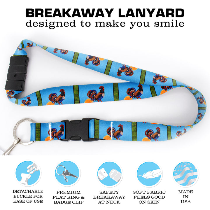 Buttonsmith Rooster Breakaway Lanyard - with Buckle and Flat Ring - Based on Rebecca McGovern Art - Officially Licensed - Made in the USA - Buttonsmith Inc.