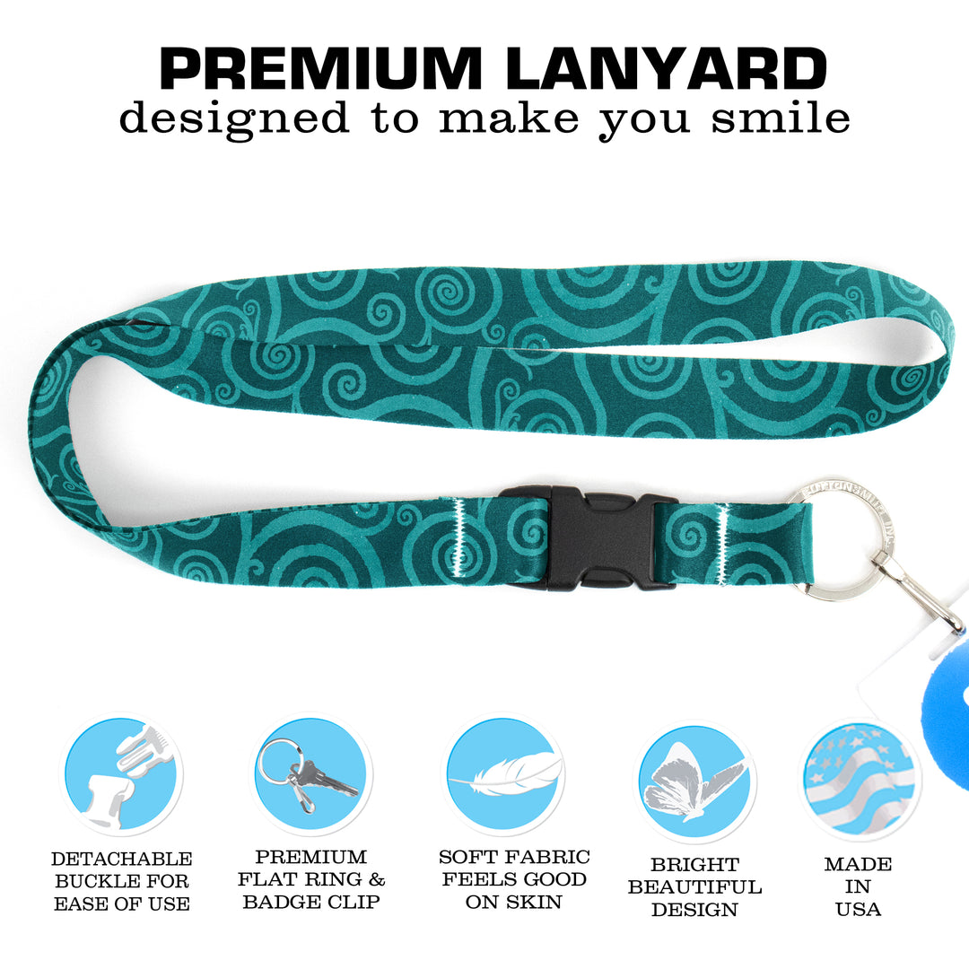 Buttonsmith Aquamarine Swirls Premium Lanyard - with Buckle and Flat Ring - Made in the USA - Buttonsmith Inc.