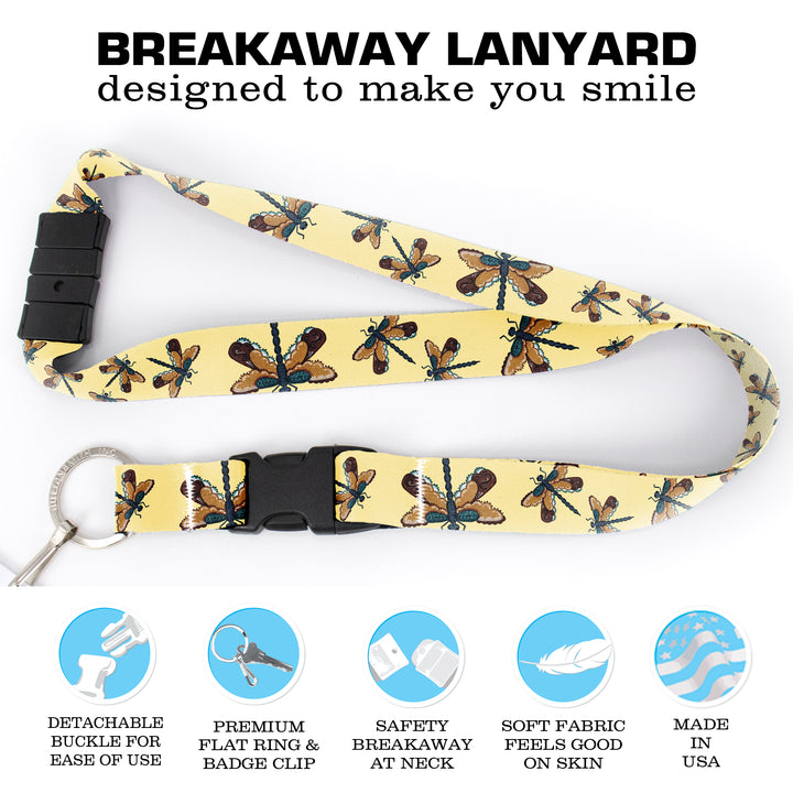 Buttonsmith Dragonflies Breakaway Lanyard - with Buckle and Flat Ring - Based on Rebecca McGovern Art - Officially Licensed - Made in the USA - Buttonsmith Inc.