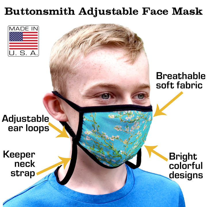 Buttonsmith Cartoon Puppy Face Youth Adjustable Face Mask with Filter Pocket - Made in the USA - Buttonsmith Inc.