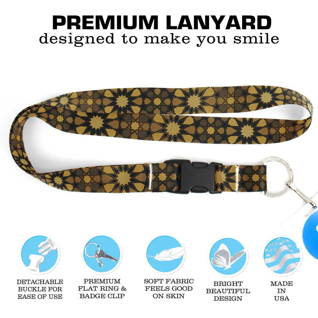 Buttonsmith Old Gold Stars Premium Lanyard - with Buckle and Flat Ring - Made in the USA - Buttonsmith Inc.