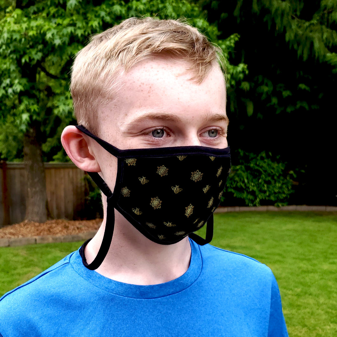 Buttonsmith Bees Youth Adjustable Face Mask with Filter Pocket - Made in the USA - Buttonsmith Inc.