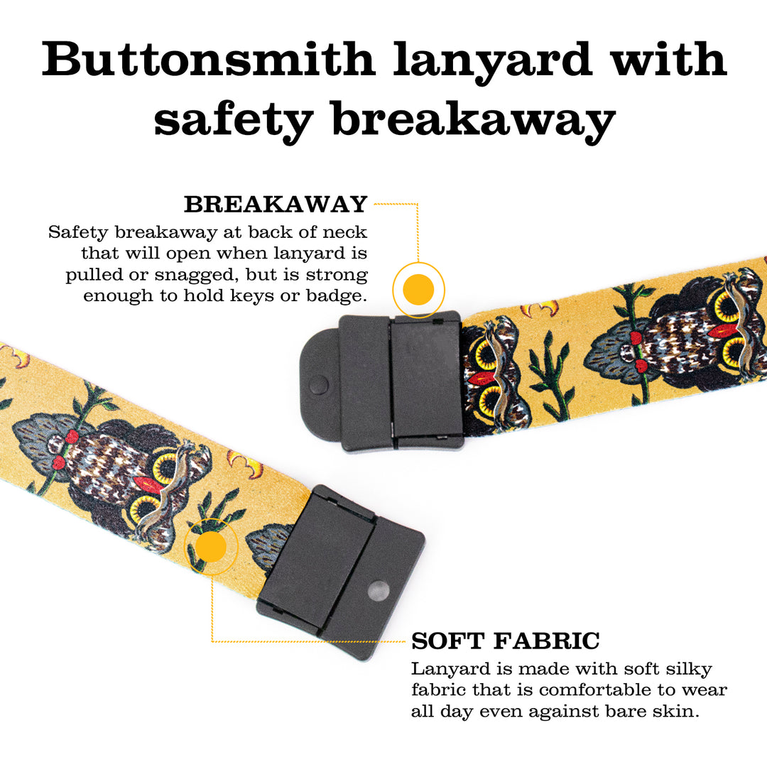 Buttonsmith Owl Breakaway Lanyard - with Buckle and Flat Ring - Based on Rebecca McGovern Art - Officially Licensed - Made in the USA - Buttonsmith Inc.