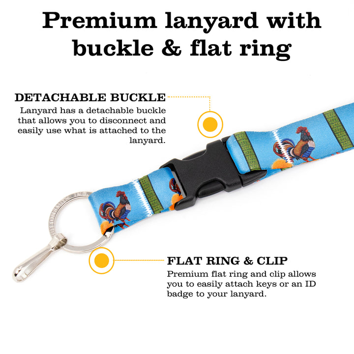 Buttonsmith Rooster Breakaway Lanyard - with Buckle and Flat Ring - Based on Rebecca McGovern Art - Officially Licensed - Made in the USA - Buttonsmith Inc.