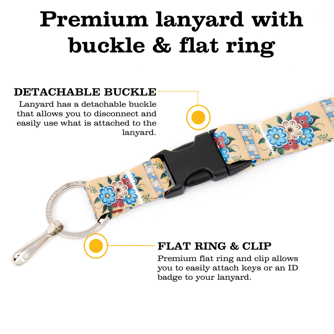 Buttonsmith Quilted Flowers Breakaway Lanyard - with Buckle and Flat Ring - Based on Rebecca McGovern Art - Officially Licensed - Made in the USA - Buttonsmith Inc.