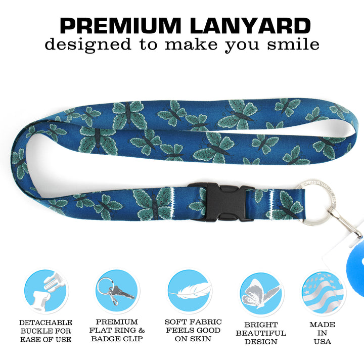 Buttonsmith Blue Butterflies Premium Lanyard - with Buckle and Flat Ring - Based on Rebecca McGovern Art - Officially Licensed - Made in the USA - Buttonsmith Inc.