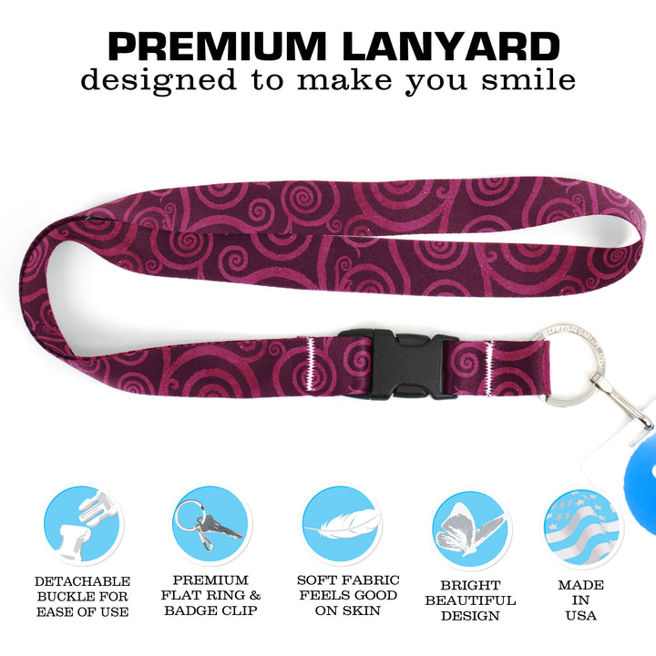 Buttonsmith Ruby Swirls Premium Lanyard - with Buckle and Flat Ring - Made in the USA - Buttonsmith Inc.