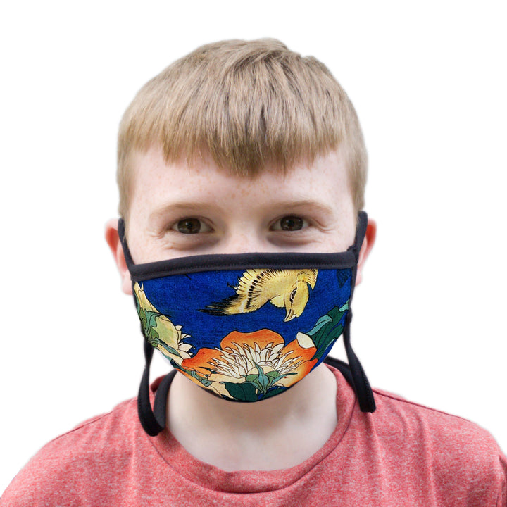 Buttonsmith Hokusai Canary & Peony Youth Adjustable Face Mask with Filter Pocket - Made in the USA - Buttonsmith Inc.