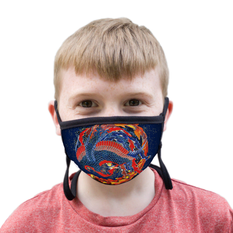 Buttonsmith Hokusai Phoenix Youth Adjustable Face Mask with Filter Pocket - Made in the USA - Buttonsmith Inc.