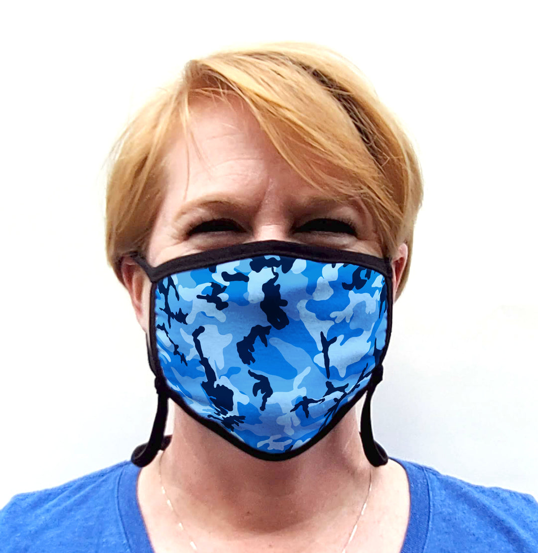 Buttonsmith Blue Camo Adult Adjustable Face Mask with Filter Pocket - Made in the USA - Buttonsmith Inc.