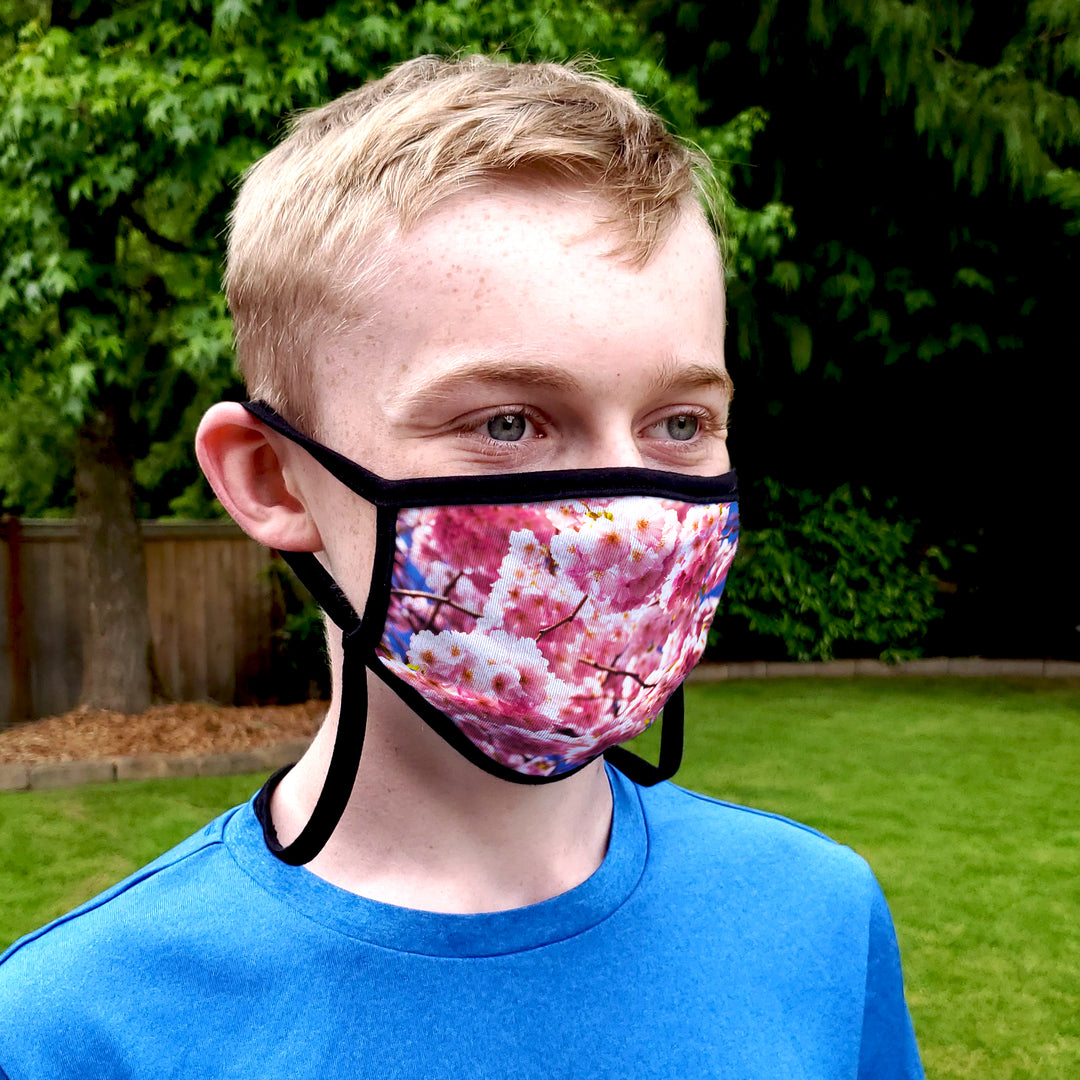 Buttonsmith Cherry Blossoms Youth Adjustable Face Mask with Filter Pocket - Made in the USA - Buttonsmith Inc.