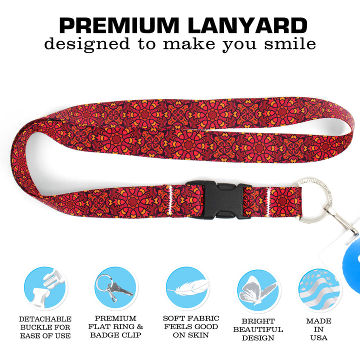 Buttonsmith Red Moroccan Tiles Premium Lanyard - with Buckle and Flat Ring - Made in the USA - Buttonsmith Inc.