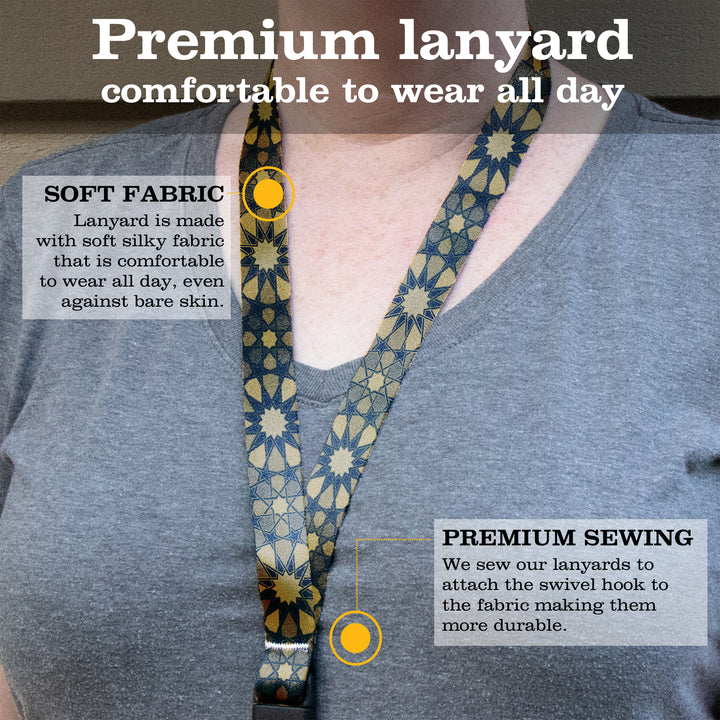 Buttonsmith Old Gold Stars Premium Lanyard - with Buckle and Flat Ring - Made in the USA - Buttonsmith Inc.